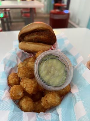 Spicy chick’n sandwich w/ tots ($20)  at Monty's Good Burger - Culver City in Culver City