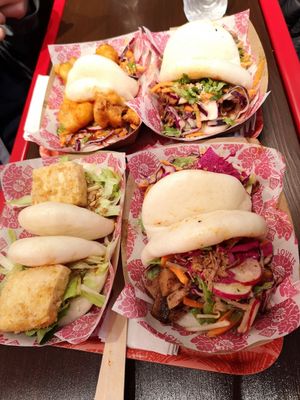 Assortment of vegan baos, including tofu, jackfruit, popcorn cauliflower and mushrooms at BaoBun - Aungier Street in Dublin