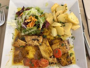 My meal - four thin slices of tofu cooked in oil, some potatoes and a tiny salad. But swimming in oil    at Vegetariano El Calafate in Malaga