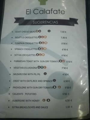 Menu including an allergy list at Vegetariano El Calafate in Malaga