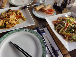 Tofu, stir fried vegetables and vegetable spring rolls at Buen Gusto in Lanzarote