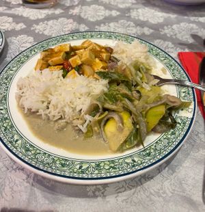 Had vegetable rolls, Thai green vegetable curry, boiled rice and a tofu dish - waiter lovely and assured these dishes were vegan   at Buen Gusto in Lanzarote