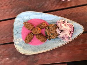 Homemade falafel with Couscous and beetroot hummus.yammy at Gaia Kitchen in Vienna