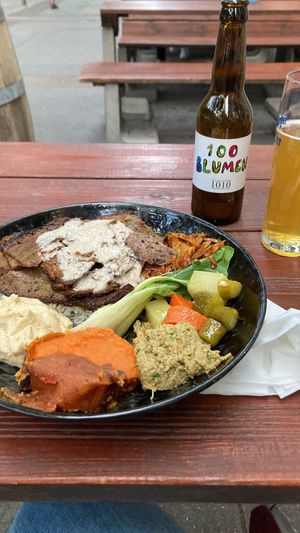 Daily special: vegan kebab, kimchi, basmati rice, sweet potato, pickles, pak choi   at Gaia Kitchen in Vienna