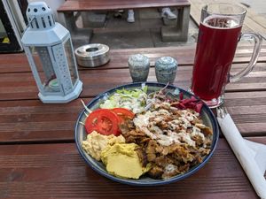 Vegan Döner Kebab and Hibiscus-Pomegranate Iced Tea. at Gaia Kitchen in Vienna