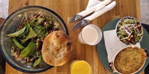 Baba ganoush, moussaka, ayran, mango lassi at Gaia Kitchen in Vienna