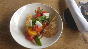 Starter: Tomato watermelon salad with sesame at Hotel Seegarten in Sundern