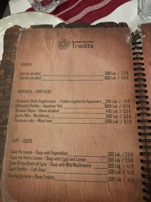 Menu page with some vegan options and options which can be modified to become vegan at Tradita Geg & Tosk in Shkoder