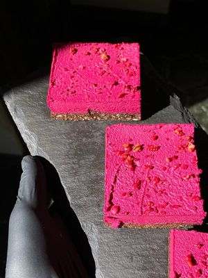 Raw gluten-free suga/syrup-free beetroot orange cake at Steppe Healthy and Vegan Bakery, in Lviv