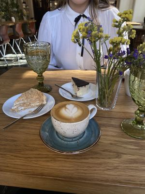 Lviv cheesecake, Napoleon cake, Oatmilk cappuccino   at Steppe Healthy and Vegan Bakery, in Lviv