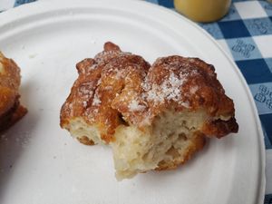Beignet with powdered sugar... so good!! at Secret Vegan Cafe in Kingston