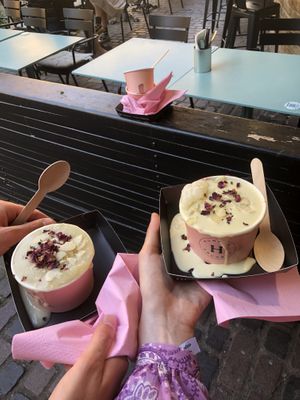 Left; hot custard with apple cinnamon, right; cold custard with orange raspberry filling.  at Humble Crumble in South East London