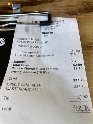 Receipt includes 10 percent service upcharge  at Green Kitchen in Cleveland