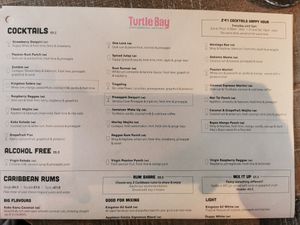 Cocktail menu, clearly marked if Vegan at Turtle Bay  in Durham