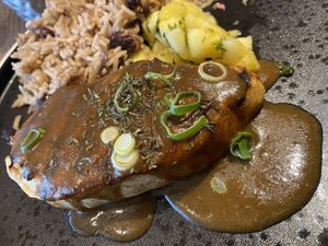 New addition to the menu - vegan jerk chicken breast with pineapple chow. Delicious!  at Turtle Bay  in Durham