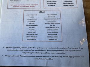 Vegan menu * must request *   at Bombay Street Kitchen in Orlando