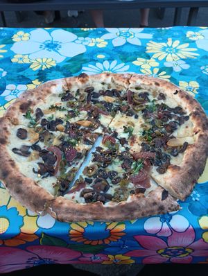 Mushroom green olives at Pizza Creature in Portland