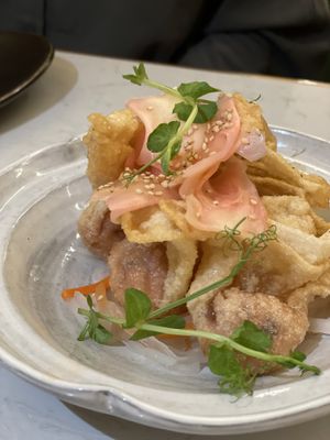 Deep fried wonton with Omni luncheon, topped with pickled ginger #Veganuary at Green Common Nexxus in Hong Kong Island