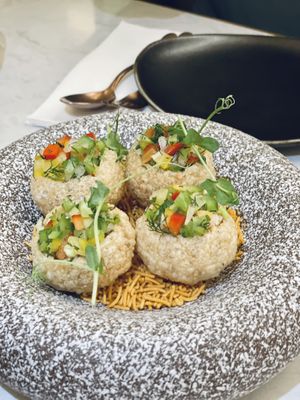 Panipuri with vegan Omni crab meat filling #Veganuary at Green Common Nexxus in Hong Kong Island