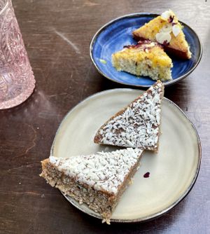 Vegan cakes with dates and coconut and orange almonds    at Garbanzo Hummus Bar in Nijmegen