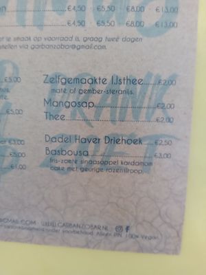 Drinks and sweets menu at Garbanzo Hummus Bar in Nijmegen