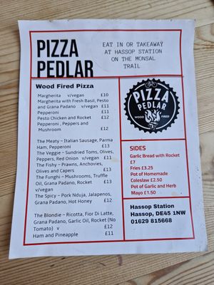 Pizza trailer outside has vegan cheese (open on weekends) at Hassop Station Cafe in Bakewell