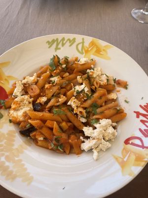 Penne pasta w/ aubergine, tomato sauce, tofu. Delicious food, lovely location, great service.   at Ristorante 377 in Gran Canaria