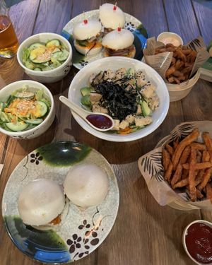 Tofu boa buns, tofu bowl, sweet potato fries   at Woosabi in Gdansk
