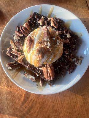 Vegan brownie with vegan ice cream  at Fiasco in Seattle
