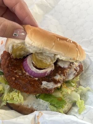 Buffalo chik’n sandwhich  at Vegan Daddy Meats in Salt Lake City