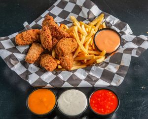 Basket of bings and fries  at Vegan Daddy Meats in Salt Lake City