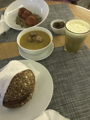 Plant based burger, lentil soup, kamal basha meatballs, vitamin C juice    at Made in Health in Cairo