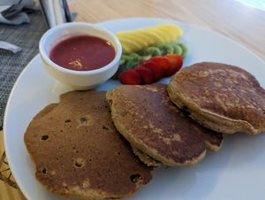 Vegan pancakes with strawberry syrup at Made in Health in Cairo