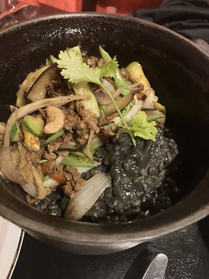 Risotto al carbon with textured soy protein  at Guille Veggie in Buenos Aires