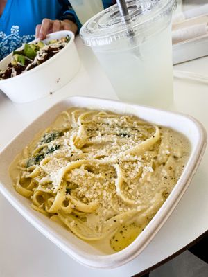 Fettuccine Alfredo and aloe lemonade   at Loving Hut in Reynoldsburg
