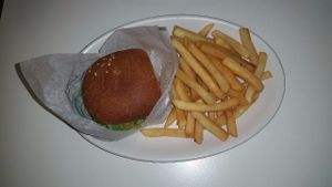Fish sandwich with fries  at Loving Hut in Reynoldsburg