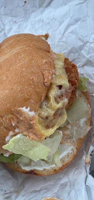 Fish sandwich weekly special (vegan fish filet, cheese, mayo, and lettuce) at Loving Hut in Reynoldsburg