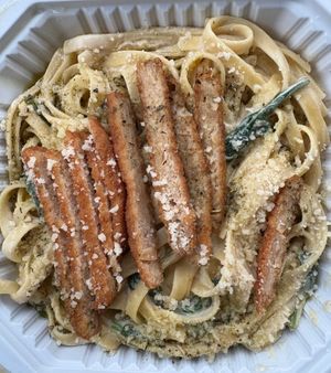 Fettuccine Alfredo (cashew sunflower cream sauce, fettuccine, baby spinach, vegan chicken tenders, vegan parmesan, herbed extra virgin olive oil) at Loving Hut in Reynoldsburg