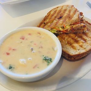 Potato & kale soup and BBQ panini at Loving Hut in Reynoldsburg