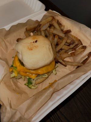 Kai Smashburger, the fries are cooked with smoked onions! at The Smokin' Onion in Asheville