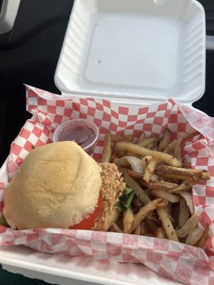 Cluckin' Good Sandwich with Hand-Cut Fries and Smoked Onions  at The Smokin' Onion in Asheville