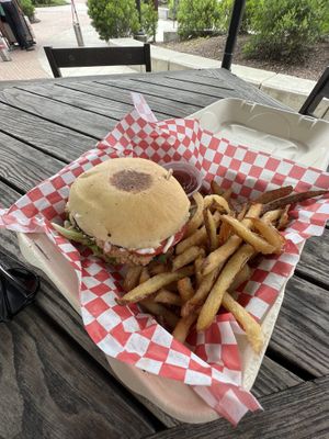 Cluckin good sandwich with fries  at The Smokin' Onion in Asheville