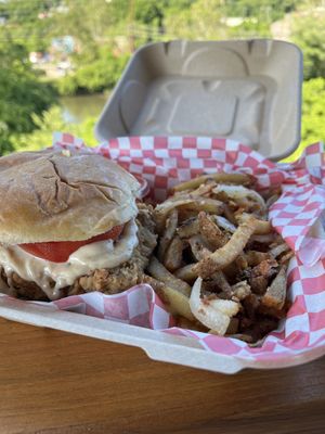Chick’n sandwich and fries  at The Smokin' Onion in Asheville