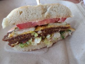 Kai Burger cut in half at The Smokin' Onion in Asheville
