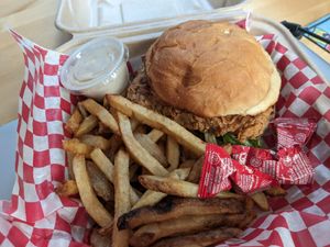 Cluckin' Good Sandwich w/ fries at The Smokin' Onion in Asheville