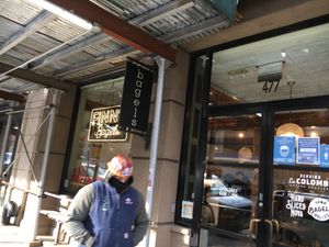 Sign on street at Finns Bagels in New York City