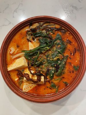 Spicy vegan ramen with udon noodles and added tofu  at Hakata Ramen & Sushi in Wayne