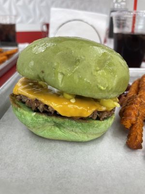 Burger with chopped chilis   at Wulf Burger in Frisco