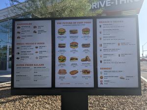 Menu displayed at drive thru during their breakfast hours, 7:00 a.m. to 11:00 a.m. daily. at Plant Power Fast Food - Craig Rd in Las Vegas