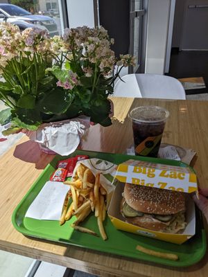 Big Zac, fries, blueberry soda at Plant Power Fast Food - Craig Rd in Las Vegas